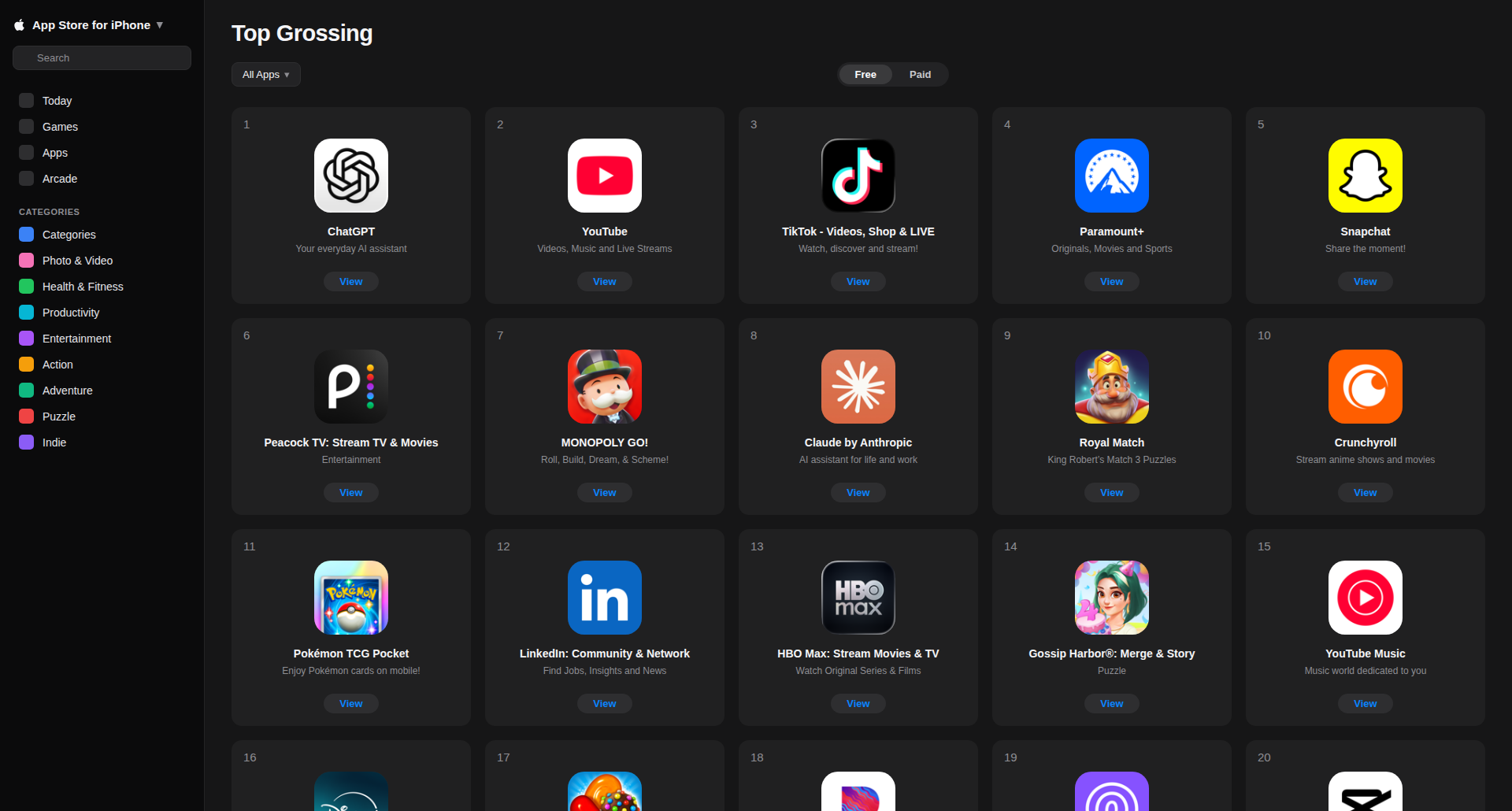 Apple App Store Top Grossing Apps - Full Response