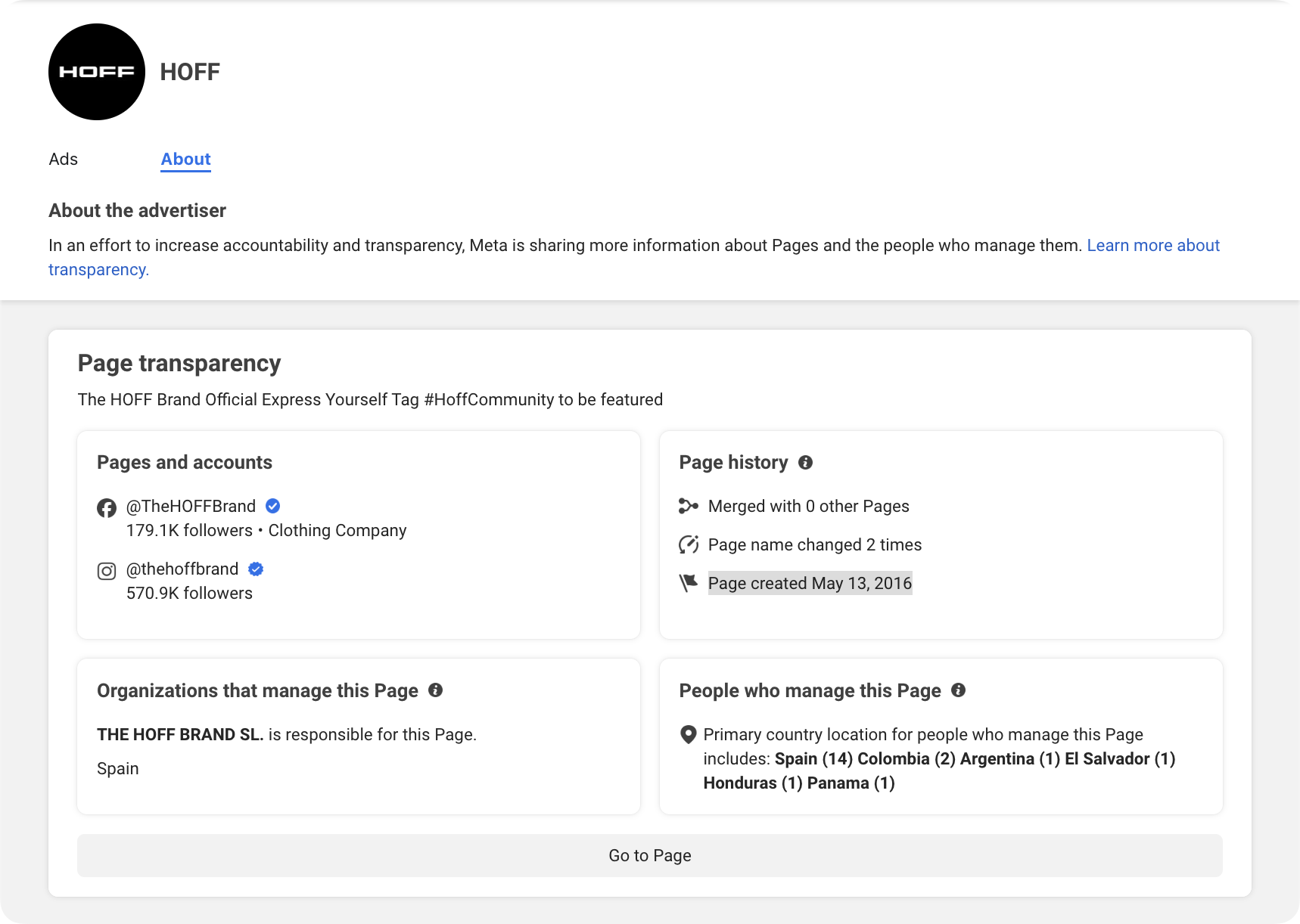 Response with <code>page</code> and <code>ad_library_page_info</code> blocks