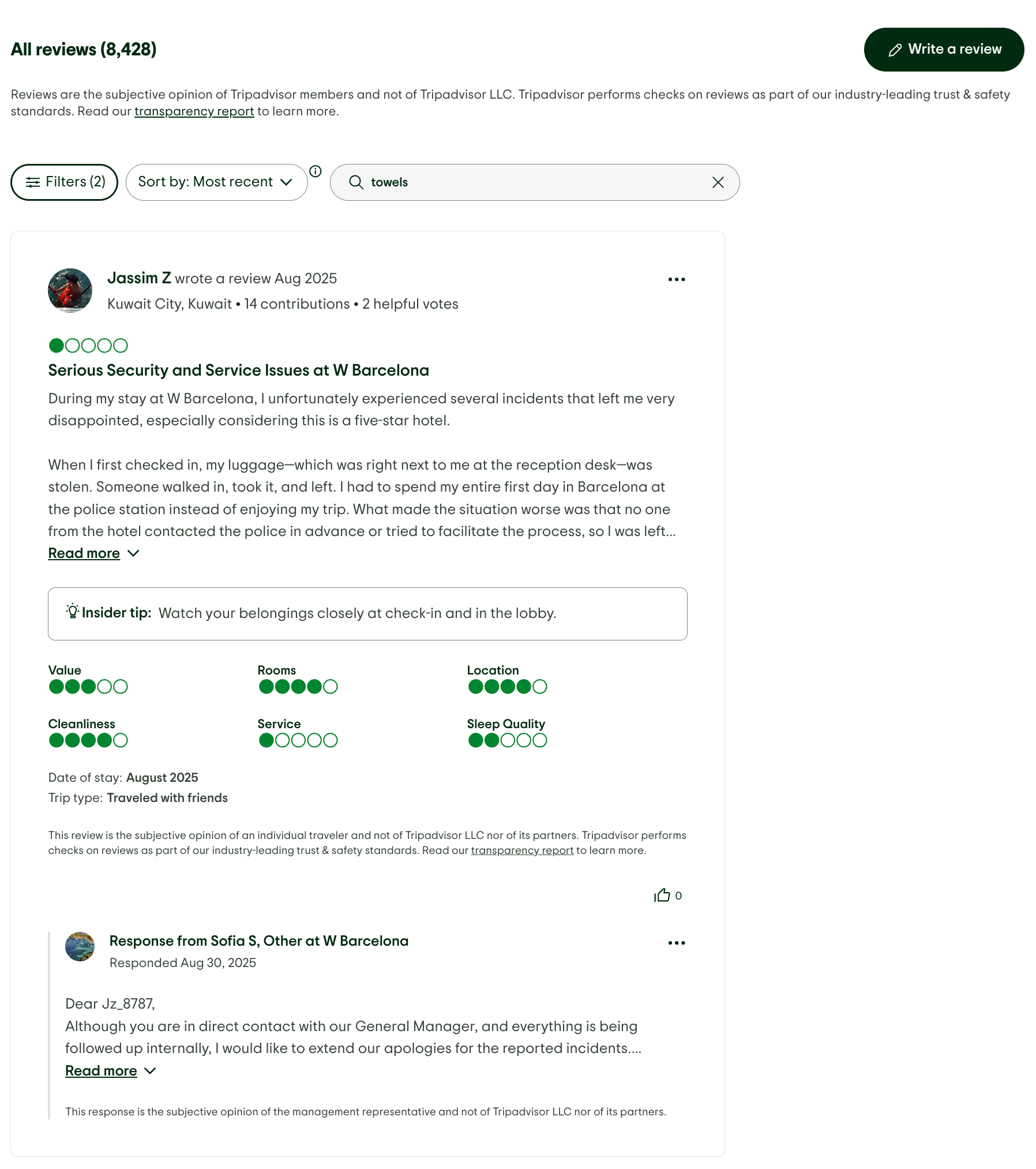 Reviews with text search