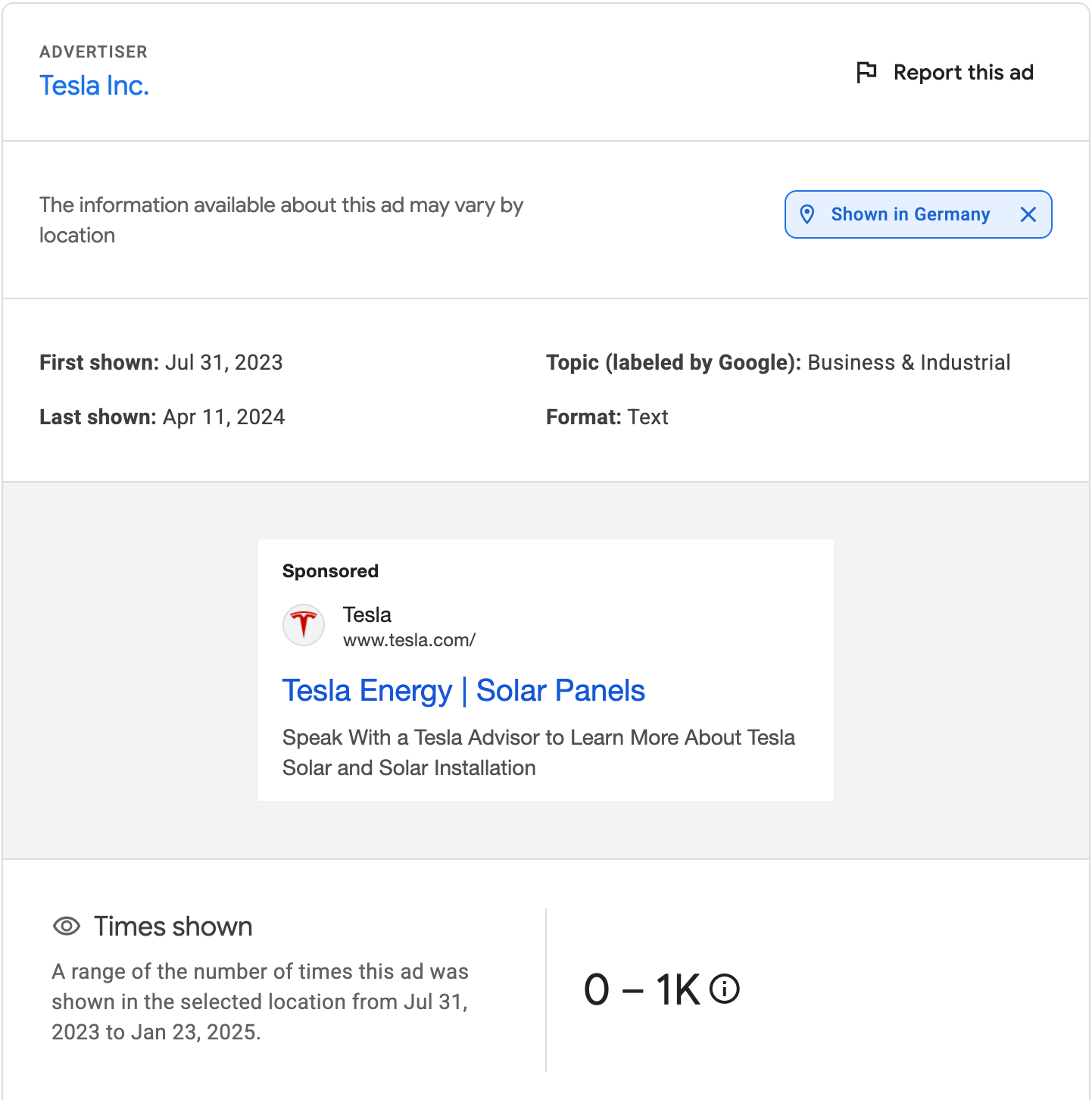 Google Ads Transparency Center Ad Details