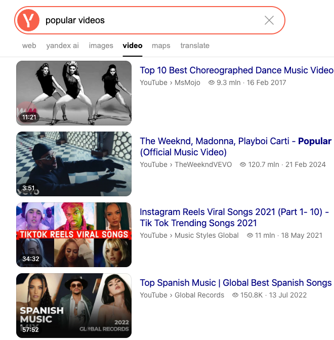 Yandex Video Search Results